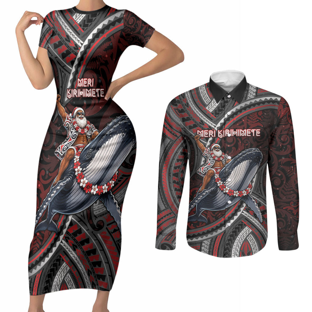 Aotearoa Christmas Couples Matching Short Sleeve Bodycon Dress and Long Sleeve Button Shirt Santa Riding Humpback Whale Maori Koru