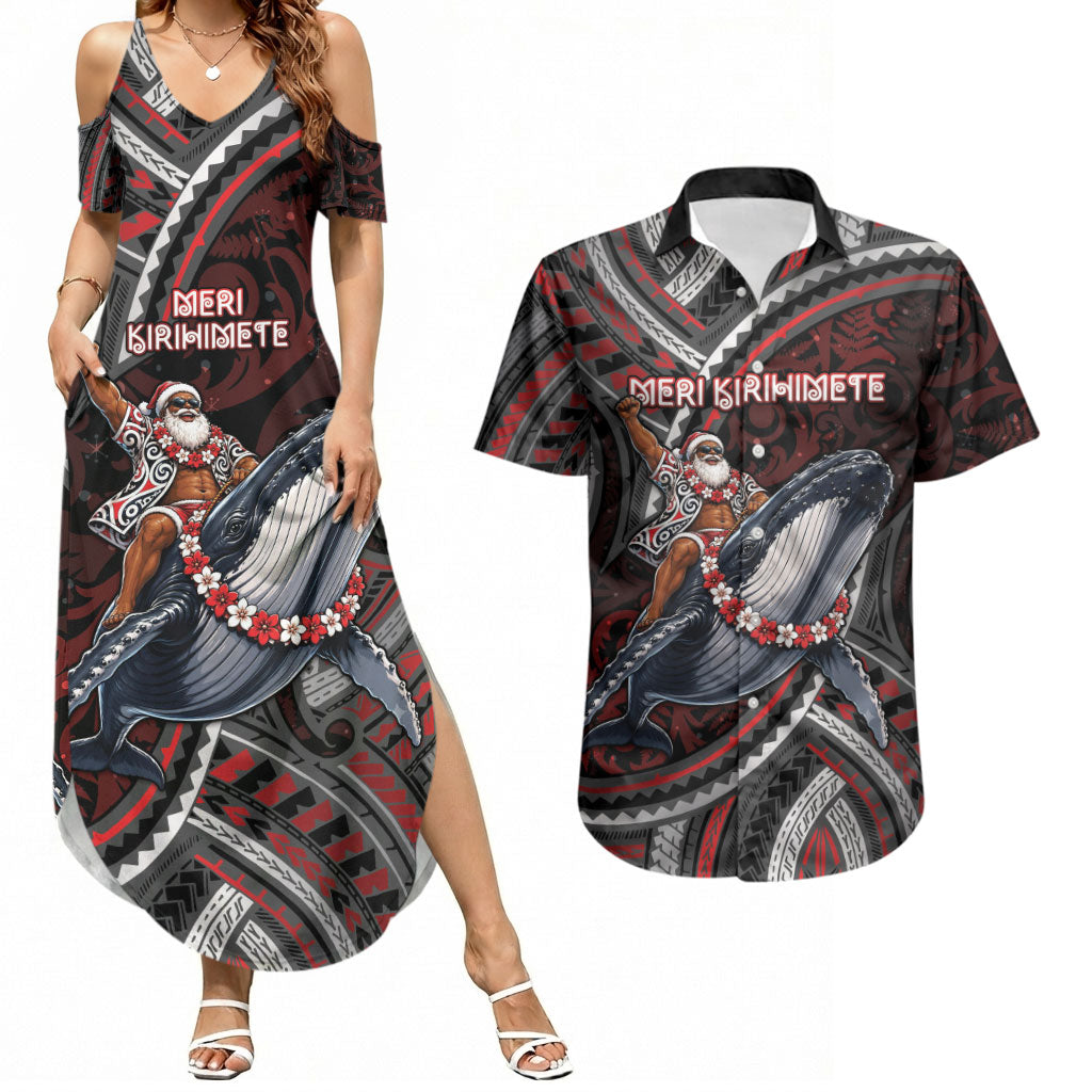 Aotearoa Christmas Couples Matching Summer Maxi Dress and Hawaiian Shirt Santa Riding Humpback Whale Maori Koru