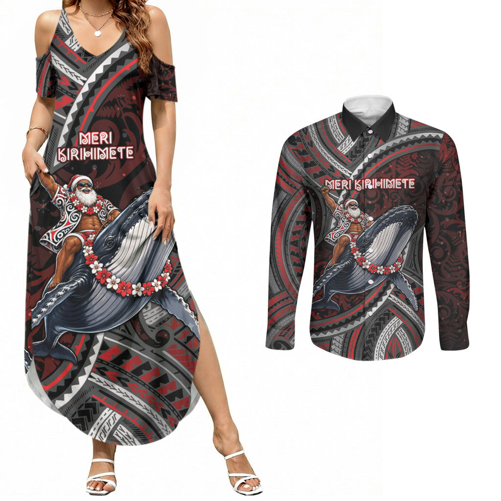 Aotearoa Christmas Couples Matching Summer Maxi Dress and Long Sleeve Button Shirt Santa Riding Humpback Whale Maori Koru