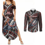 Aotearoa Christmas Couples Matching Summer Maxi Dress and Long Sleeve Button Shirt Santa Riding Humpback Whale Maori Koru