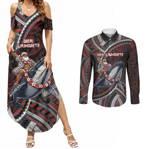 Aotearoa Christmas Couples Matching Summer Maxi Dress and Long Sleeve Button Shirt Santa Riding Humpback Whale Maori Koru