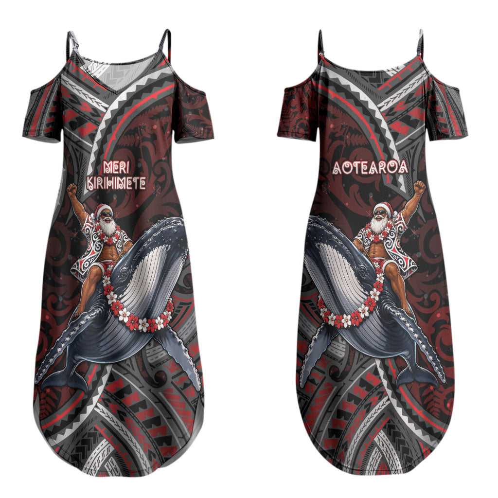 Aotearoa Christmas Couples Matching Summer Maxi Dress and Long Sleeve Button Shirt Santa Riding Humpback Whale Maori Koru