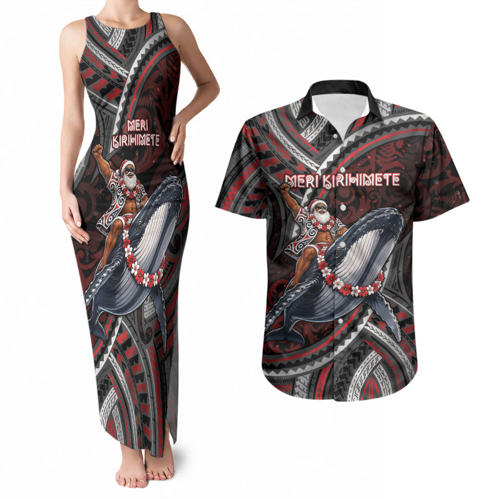 Aotearoa Christmas Couples Matching Tank Maxi Dress and Hawaiian Shirt Santa Riding Humpback Whale Maori Koru