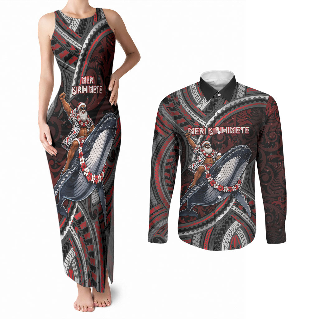 Aotearoa Christmas Couples Matching Tank Maxi Dress and Long Sleeve Button Shirt Santa Riding Humpback Whale Maori Koru