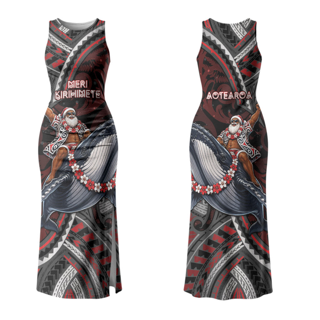 Aotearoa Christmas Couples Matching Tank Maxi Dress and Long Sleeve Button Shirt Santa Riding Humpback Whale Maori Koru