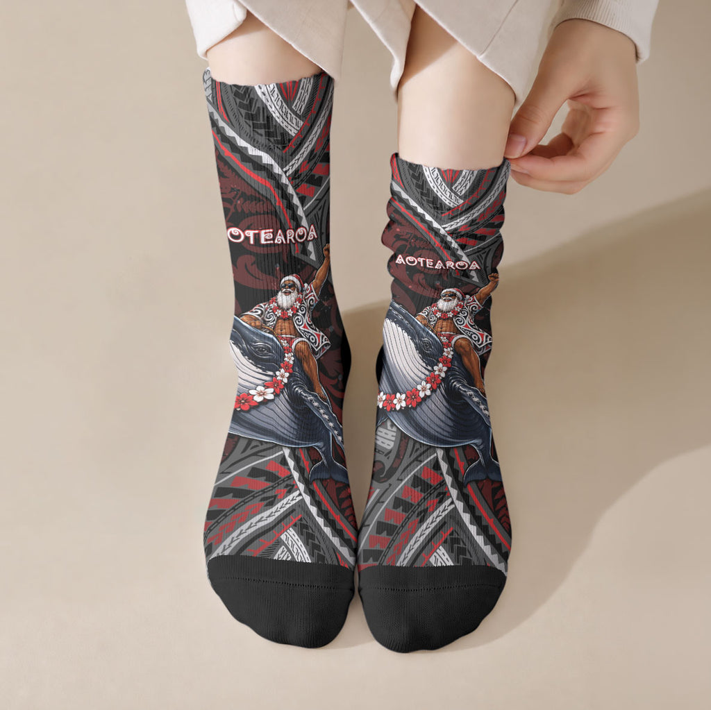 Aotearoa Christmas Crew Socks Santa Riding Humpback Whale Maori Koru