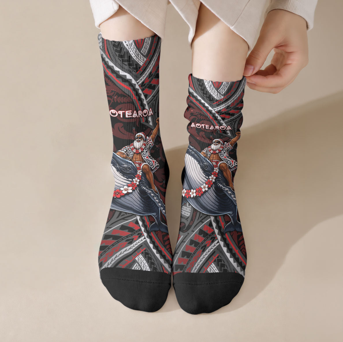 Aotearoa Christmas Crew Socks Santa Riding Humpback Whale Maori Koru