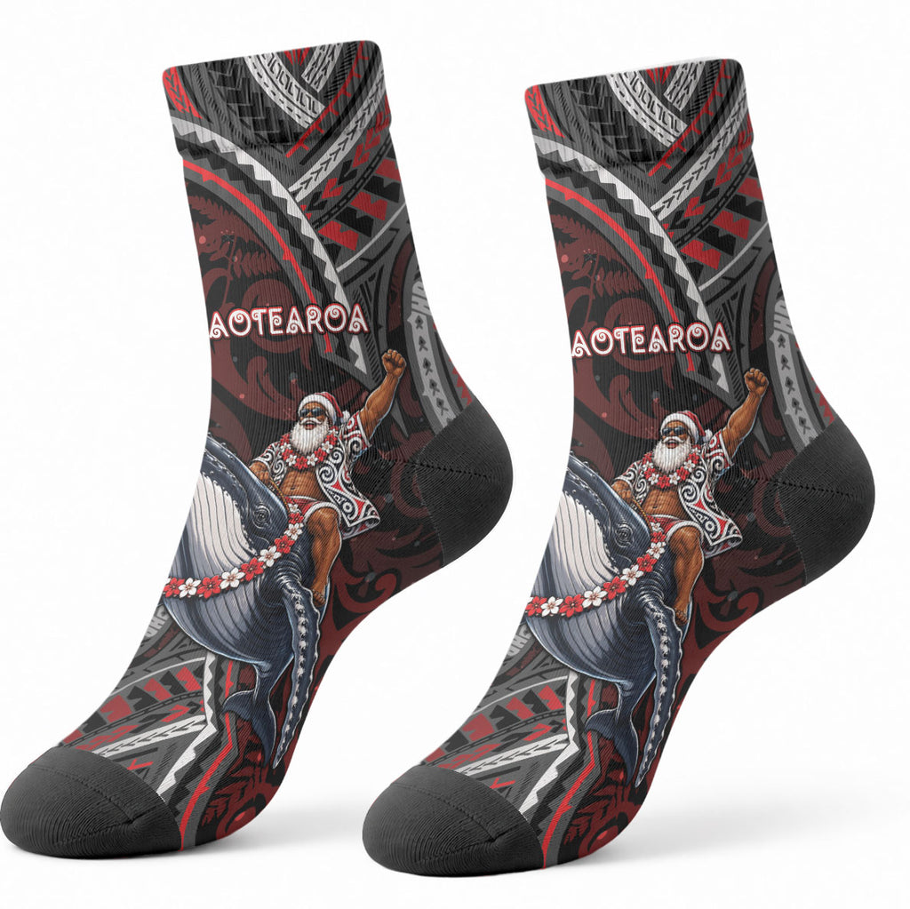 Aotearoa Christmas Crew Socks Santa Riding Humpback Whale Maori Koru