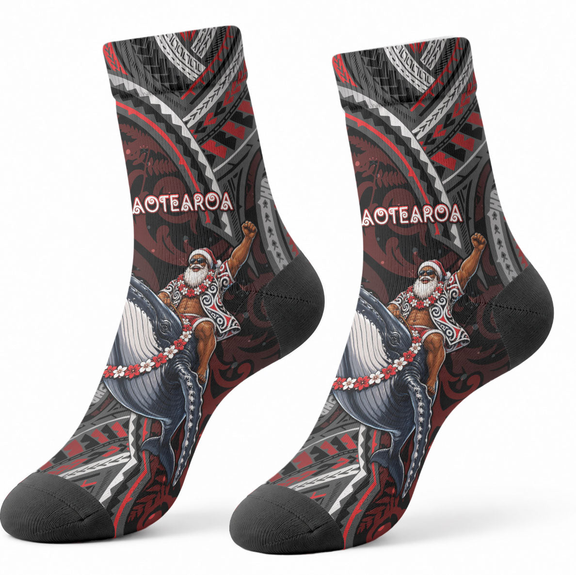 Aotearoa Christmas Crew Socks Santa Riding Humpback Whale Maori Koru