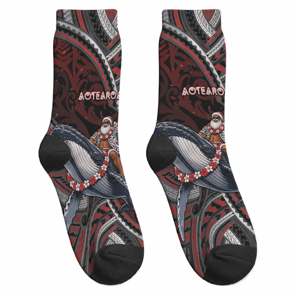 Aotearoa Christmas Crew Socks Santa Riding Humpback Whale Maori Koru