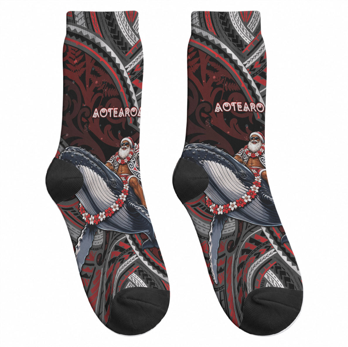 Aotearoa Christmas Crew Socks Santa Riding Humpback Whale Maori Koru