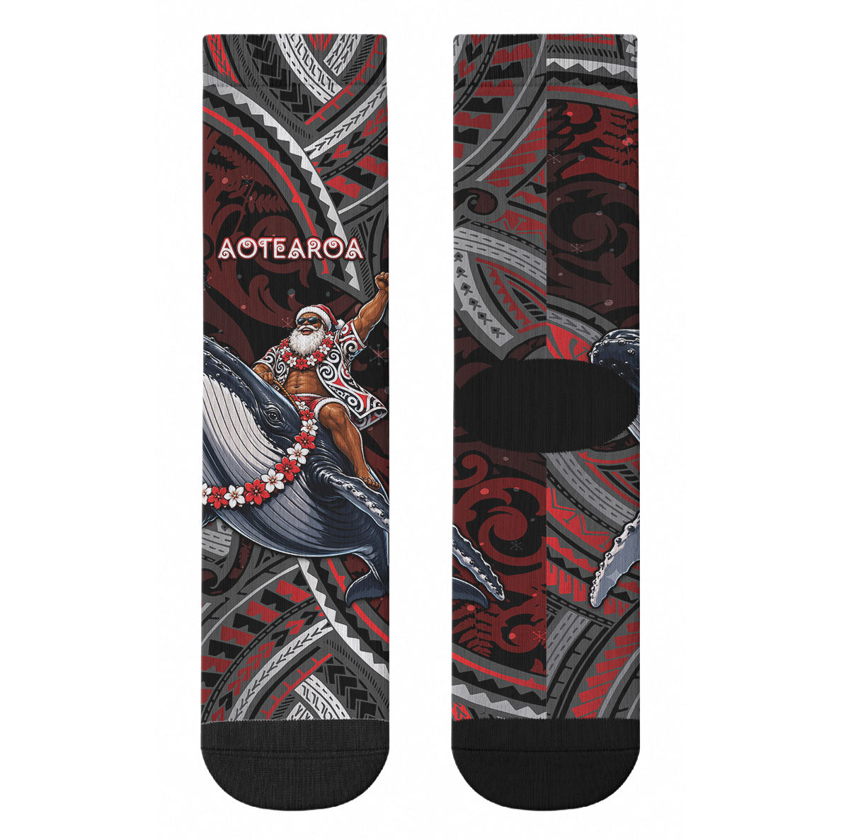 Aotearoa Christmas Crew Socks Santa Riding Humpback Whale Maori Koru