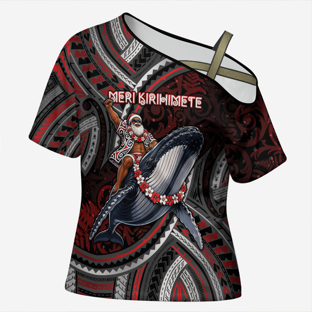 Aotearoa Christmas Cross Shoulder Shirt Santa Riding Humpback Whale Maori Koru