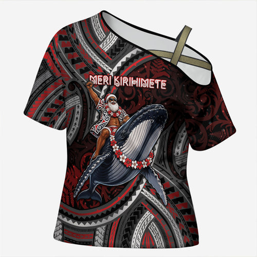 Aotearoa Christmas Cross Shoulder Shirt Santa Riding Humpback Whale Maori Koru