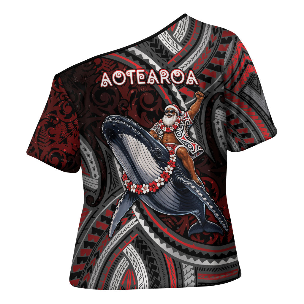 Aotearoa Christmas Cross Shoulder Shirt Santa Riding Humpback Whale Maori Koru