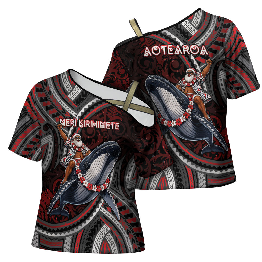 Aotearoa Christmas Cross Shoulder Shirt Santa Riding Humpback Whale Maori Koru