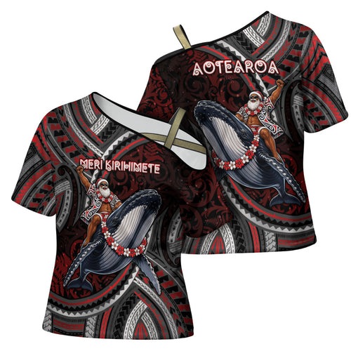 Aotearoa Christmas Cross Shoulder Shirt Santa Riding Humpback Whale Maori Koru