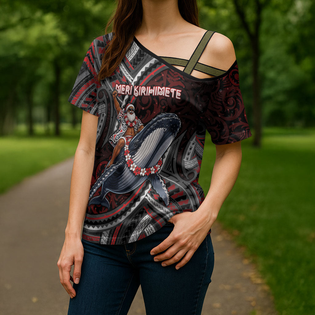 Aotearoa Christmas Cross Shoulder Shirt Santa Riding Humpback Whale Maori Koru