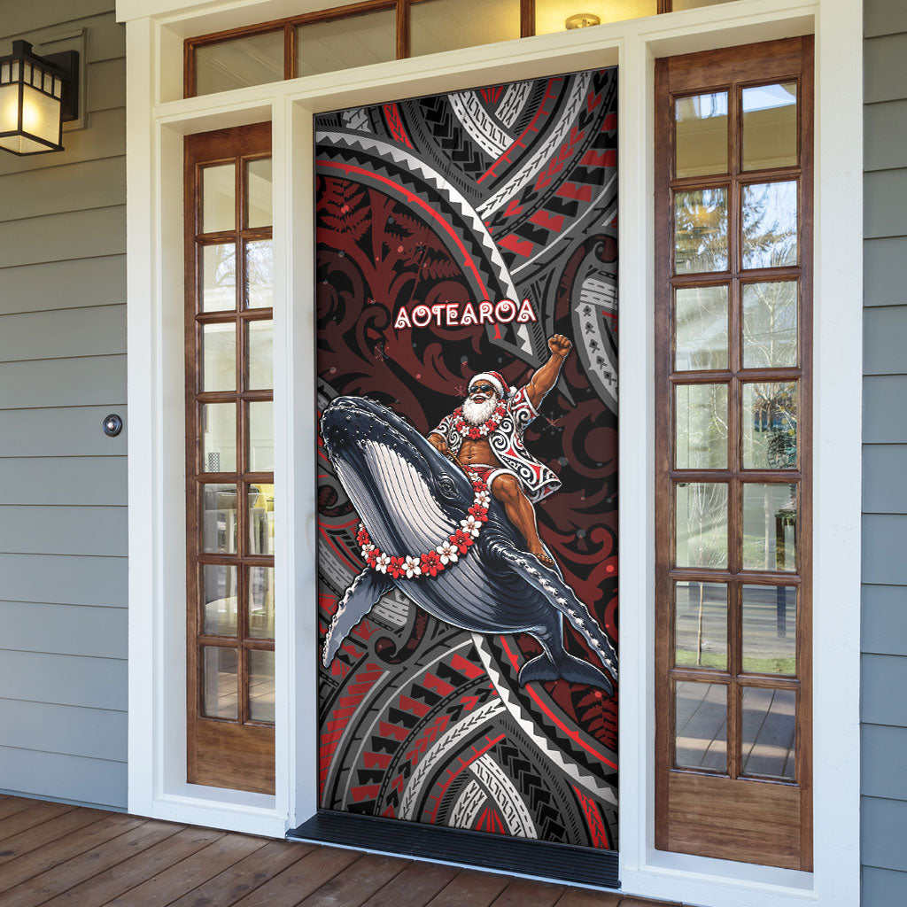 Aotearoa Christmas Door Cover Santa Riding Humpback Whale Maori Koru