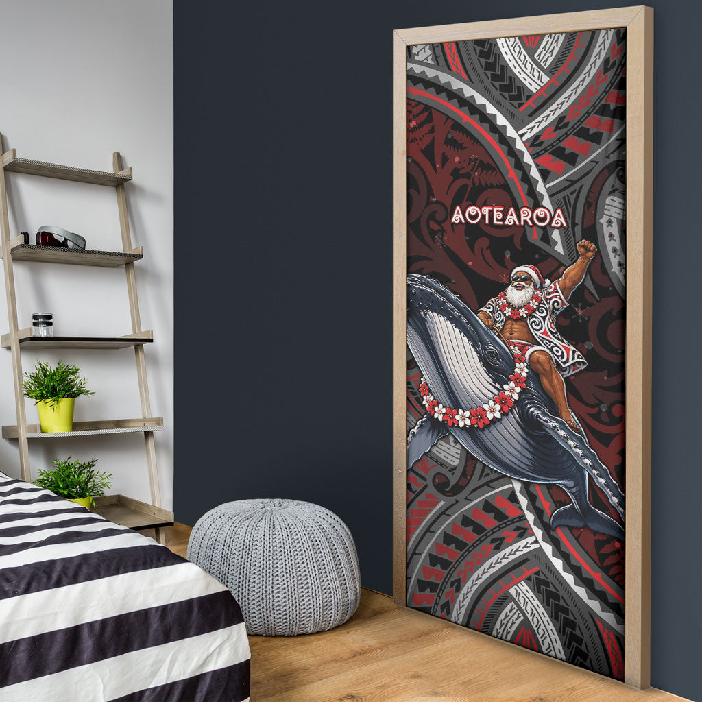 Aotearoa Christmas Door Cover Santa Riding Humpback Whale Maori Koru