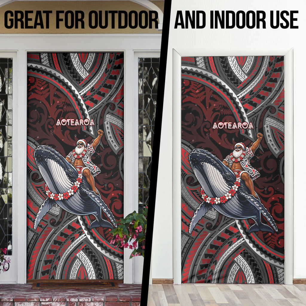 Aotearoa Christmas Door Cover Santa Riding Humpback Whale Maori Koru
