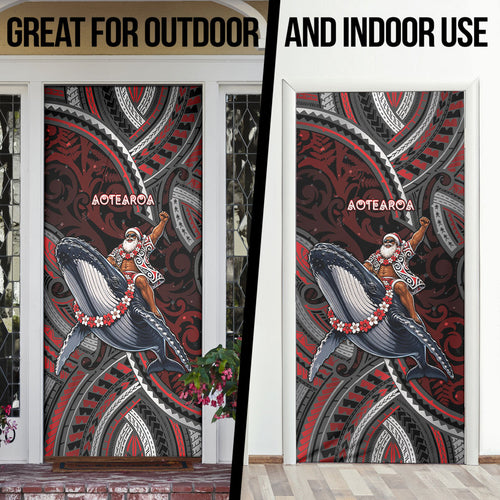 Aotearoa Christmas Door Cover Santa Riding Humpback Whale Maori Koru