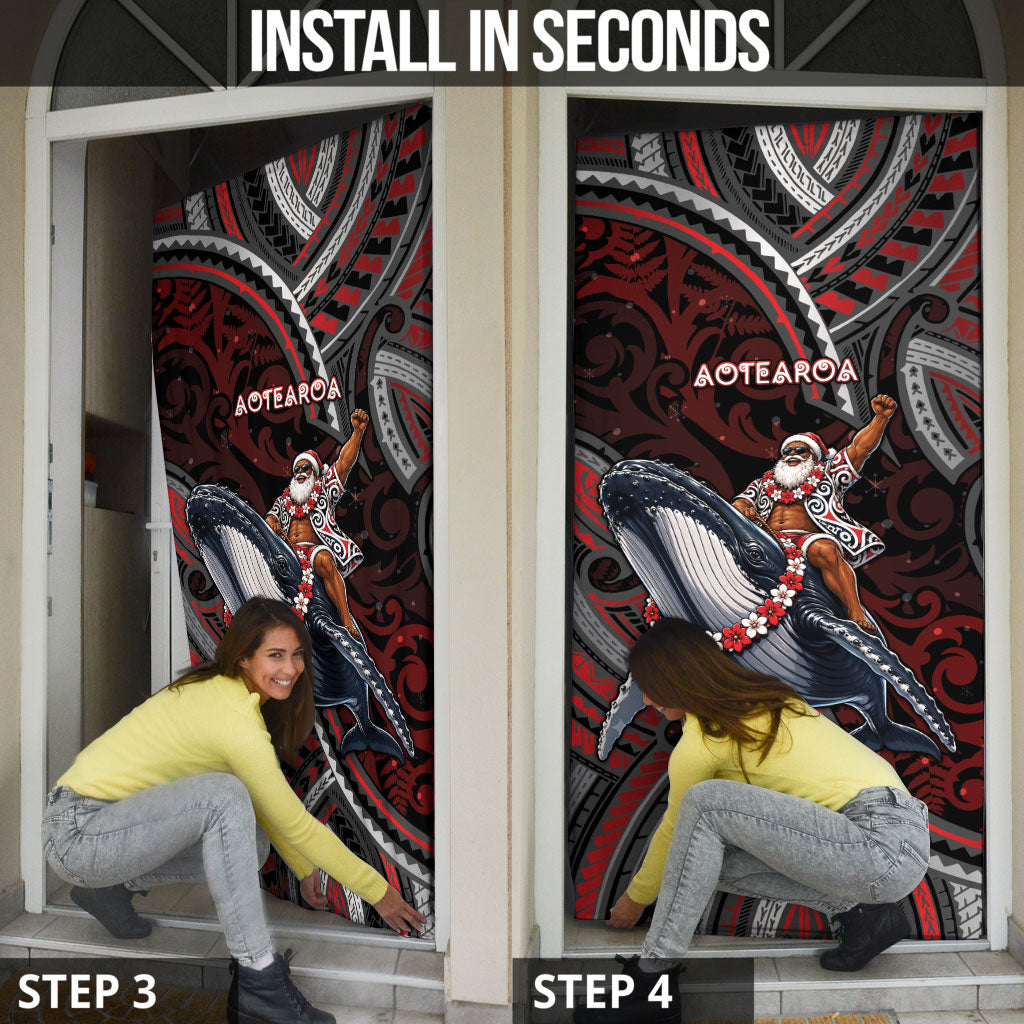 Aotearoa Christmas Door Cover Santa Riding Humpback Whale Maori Koru