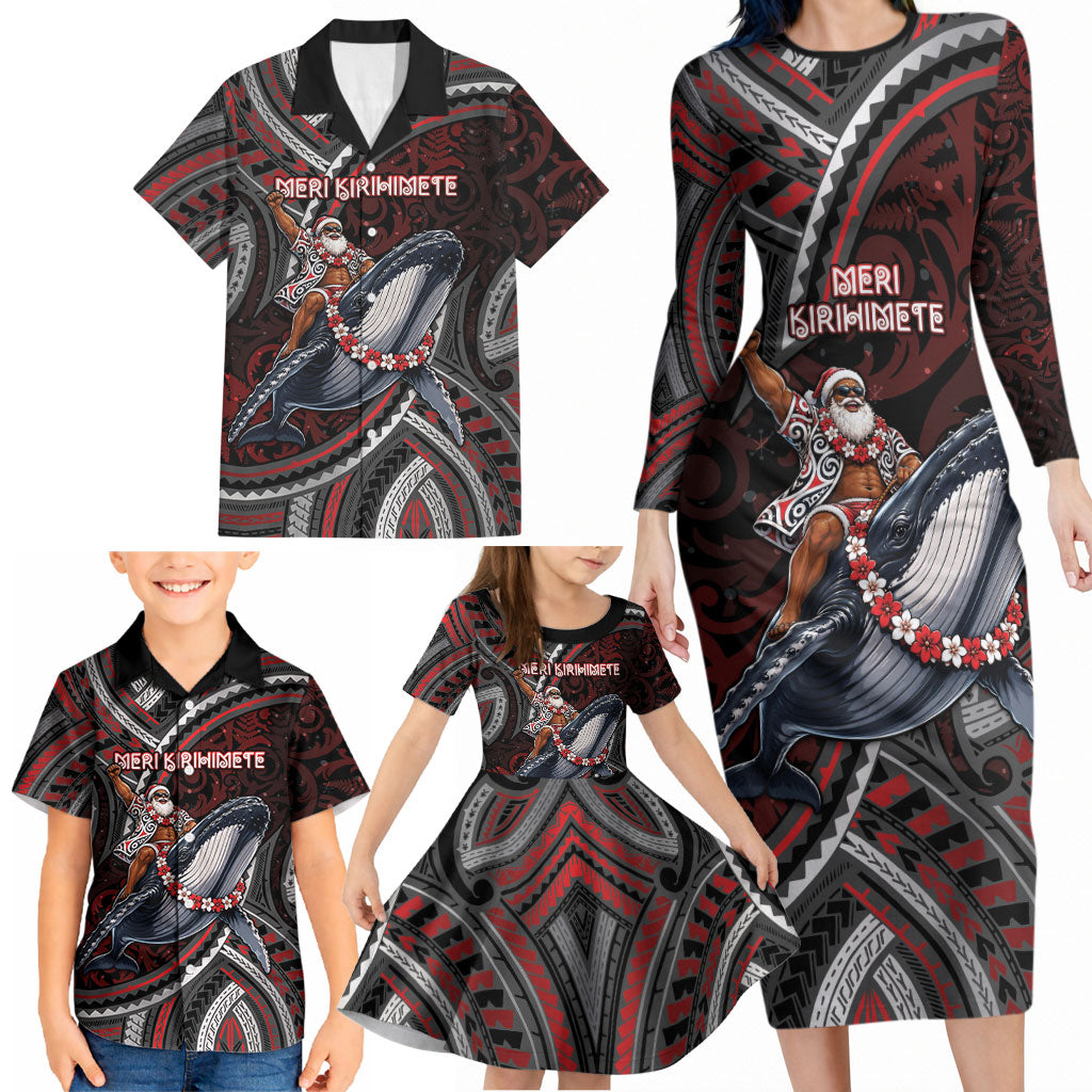 Aotearoa Christmas Family Matching Long Sleeve Bodycon Dress and Hawaiian Shirt Santa Riding Humpback Whale Maori Koru
