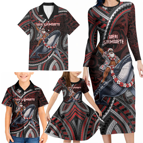 Aotearoa Christmas Family Matching Long Sleeve Bodycon Dress and Hawaiian Shirt Santa Riding Humpback Whale Maori Koru