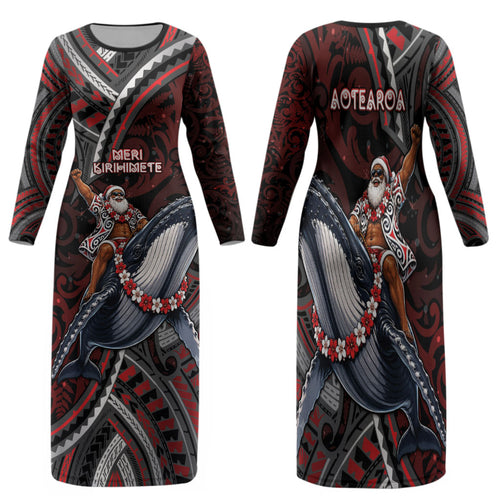 Aotearoa Christmas Family Matching Long Sleeve Bodycon Dress and Hawaiian Shirt Santa Riding Humpback Whale Maori Koru