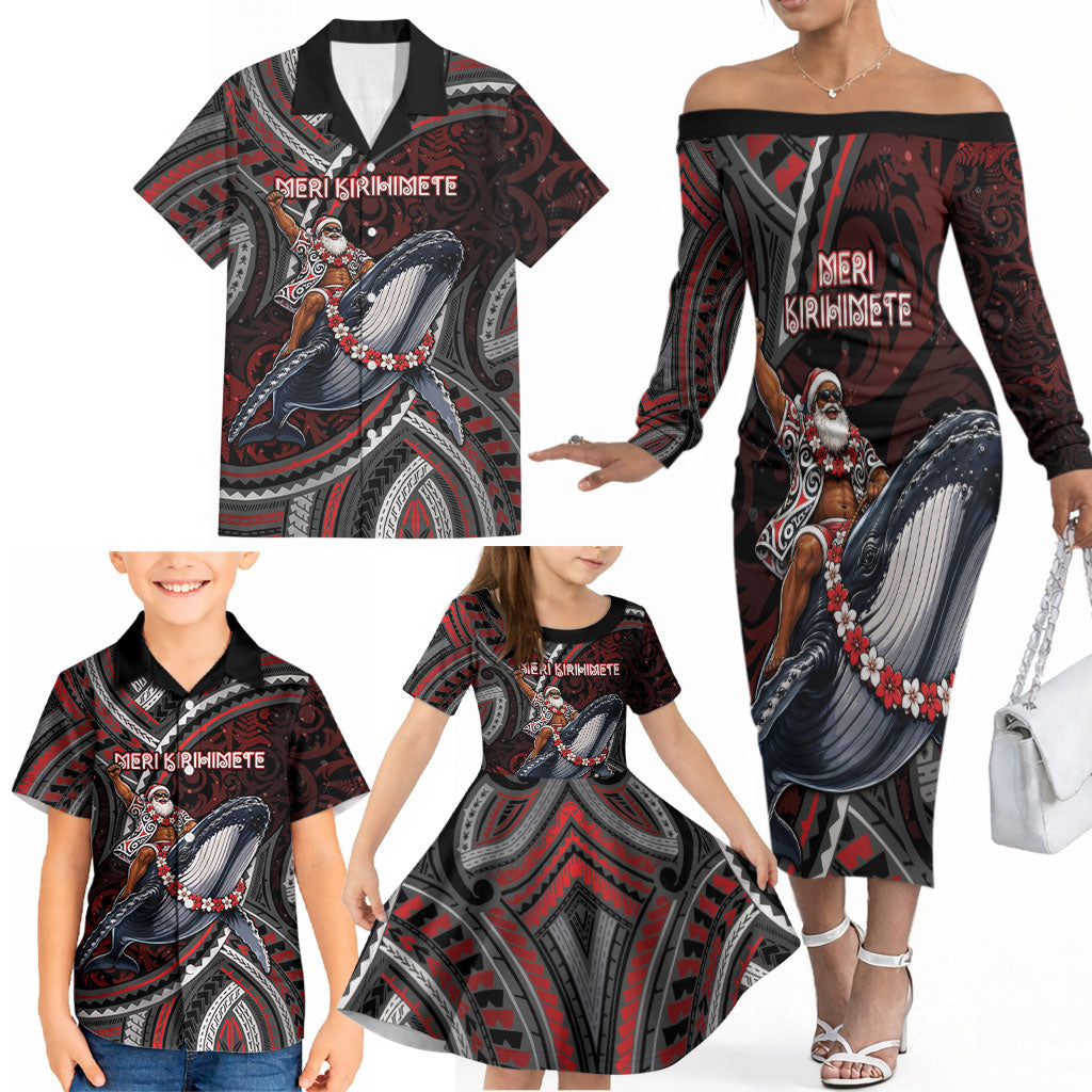 Aotearoa Christmas Family Matching Off The Shoulder Long Sleeve Dress and Hawaiian Shirt Santa Riding Humpback Whale Maori Koru