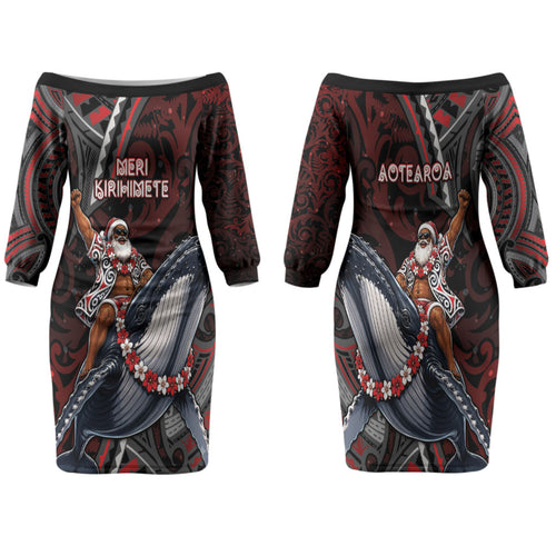 Aotearoa Christmas Family Matching Off The Shoulder Long Sleeve Dress and Hawaiian Shirt Santa Riding Humpback Whale Maori Koru