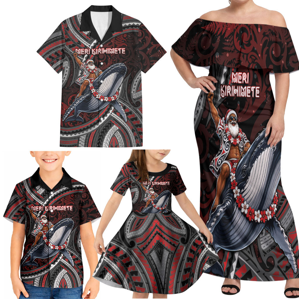 Aotearoa Christmas Family Matching Off Shoulder Maxi Dress and Hawaiian Shirt Santa Riding Humpback Whale Maori Koru