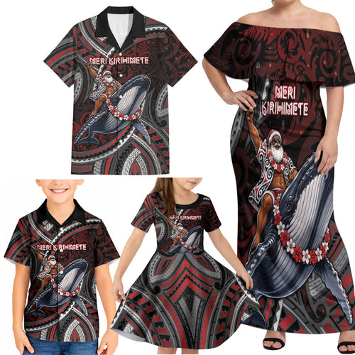 Aotearoa Christmas Family Matching Off Shoulder Maxi Dress and Hawaiian Shirt Santa Riding Humpback Whale Maori Koru