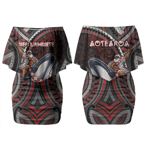 Aotearoa Christmas Family Matching Off Shoulder Short Dress and Hawaiian Shirt Santa Riding Humpback Whale Maori Koru