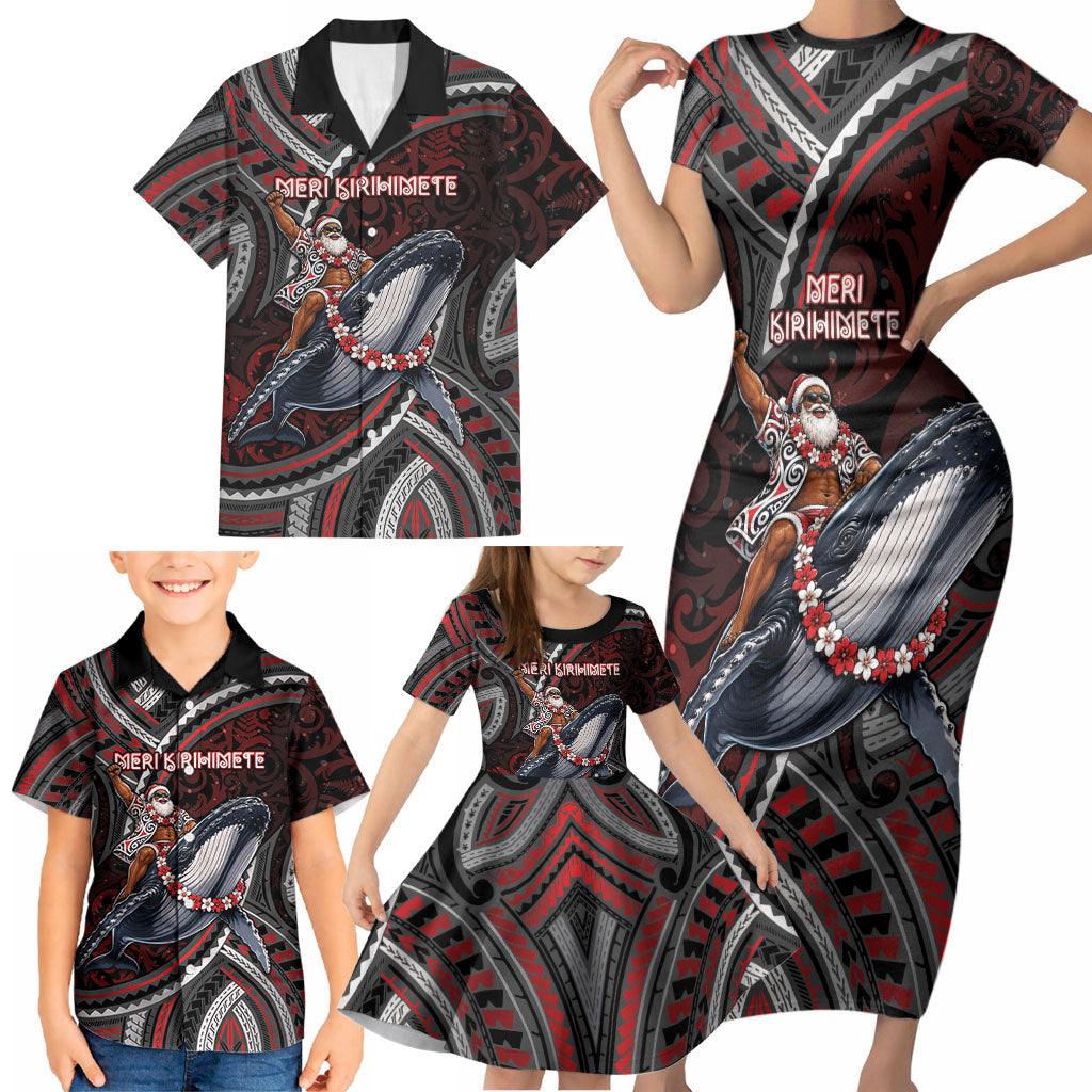 Aotearoa Christmas Family Matching Short Sleeve Bodycon Dress and Hawaiian Shirt Santa Riding Humpback Whale Maori Koru