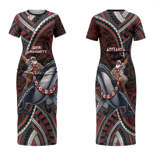 Aotearoa Christmas Family Matching Short Sleeve Bodycon Dress and Hawaiian Shirt Santa Riding Humpback Whale Maori Koru