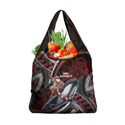 Aotearoa Christmas Grocery Bag Santa Riding Humpback Whale Maori Koru