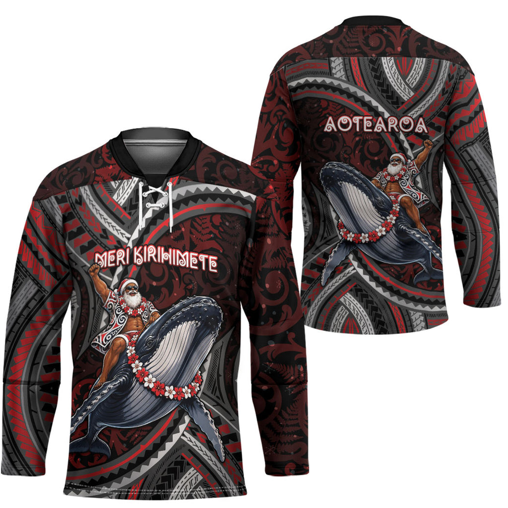 Aotearoa Christmas Hockey Jersey Santa Riding Humpback Whale Maori Koru