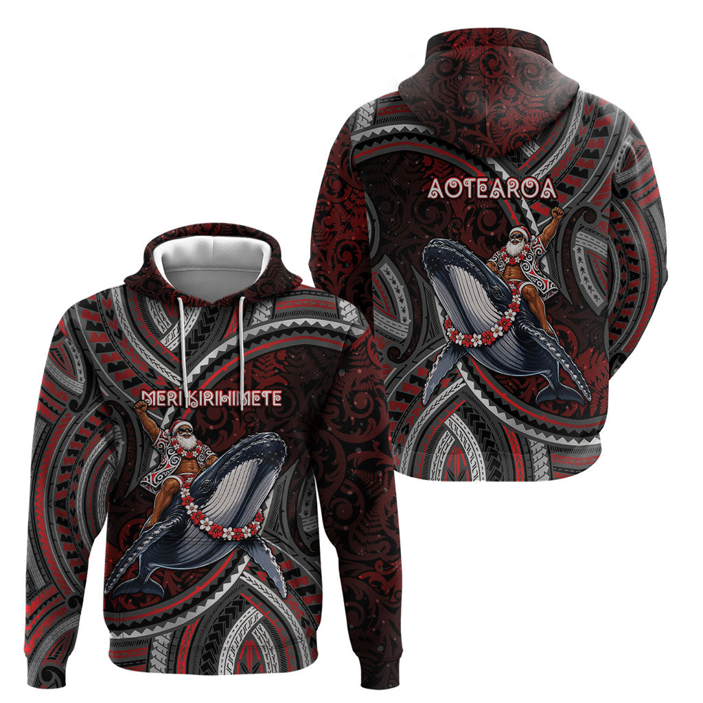 Aotearoa Christmas Hoodie Santa Riding Humpback Whale Maori Koru