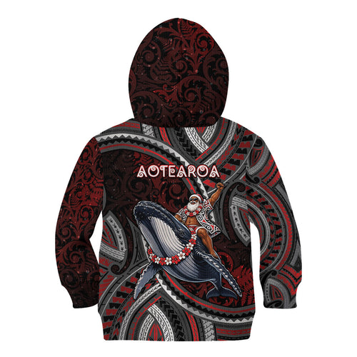 Aotearoa Christmas Kid Hoodie Santa Riding Humpback Whale Maori Koru