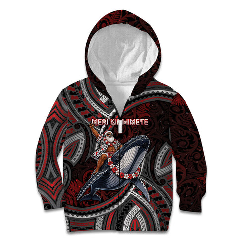 Aotearoa Christmas Kid Hoodie Santa Riding Humpback Whale Maori Koru