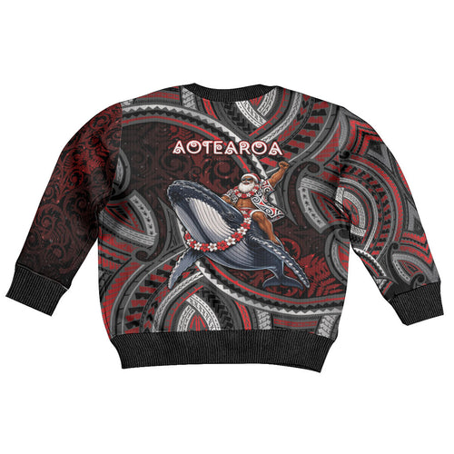 Aotearoa Christmas Kid Ugly Christmas Sweater Santa Riding Humpback Whale Maori Koru