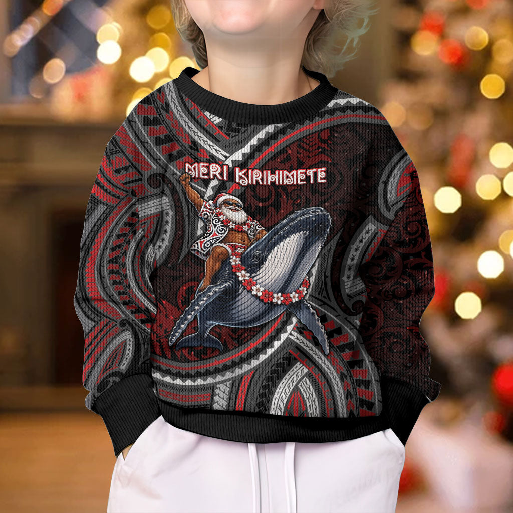 Aotearoa Christmas Kid Ugly Christmas Sweater Santa Riding Humpback Whale Maori Koru