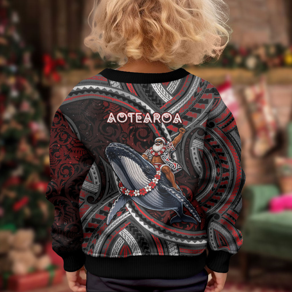 Aotearoa Christmas Kid Ugly Christmas Sweater Santa Riding Humpback Whale Maori Koru