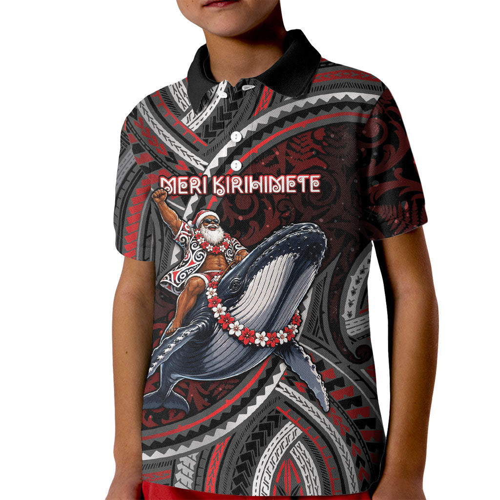 Aotearoa Christmas Kid Polo Shirt Santa Riding Humpback Whale Maori Koru