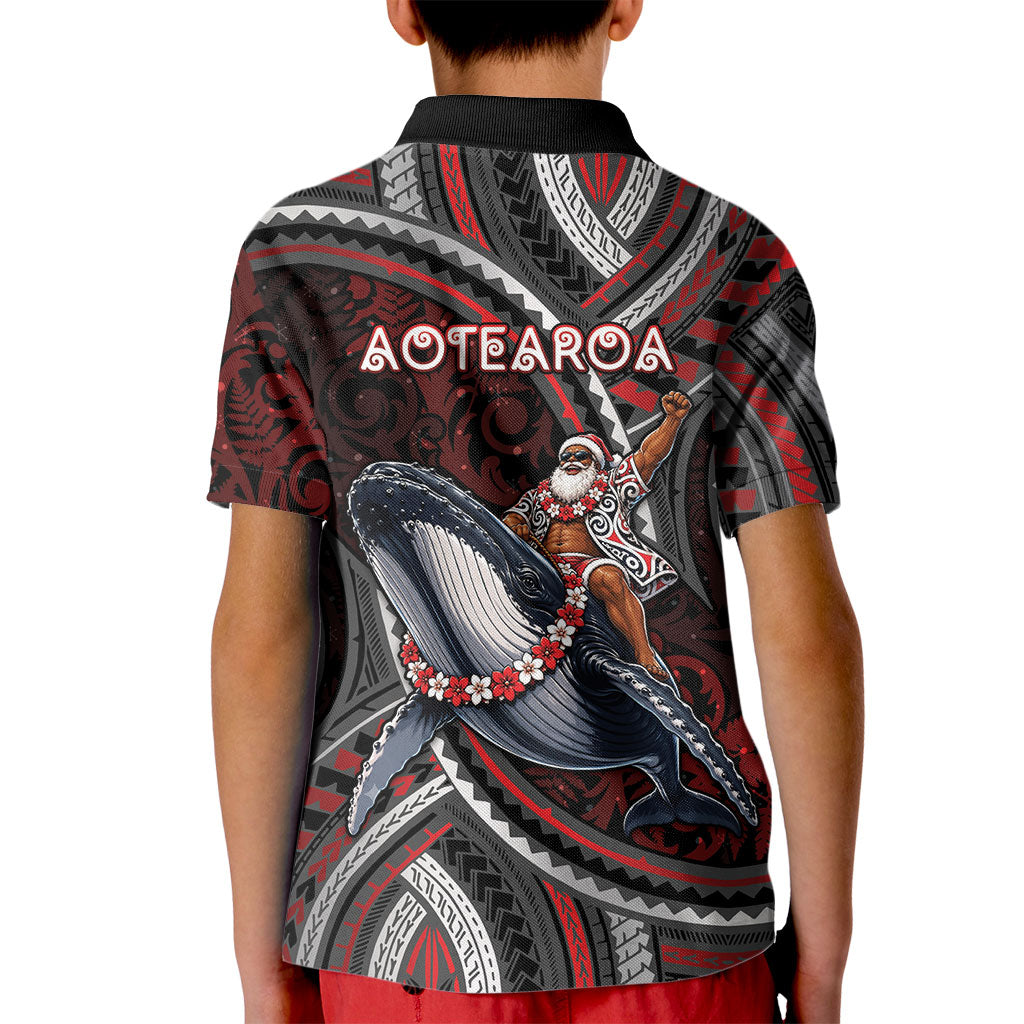 Aotearoa Christmas Kid Polo Shirt Santa Riding Humpback Whale Maori Koru