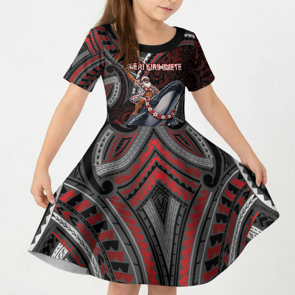 Aotearoa Christmas Kid Short Sleeve Dress Santa Riding Humpback Whale Maori Koru