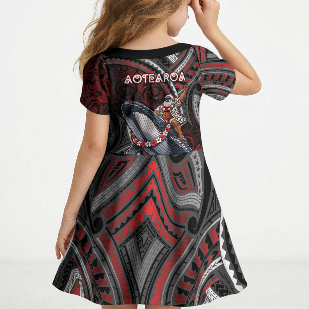 Aotearoa Christmas Kid Short Sleeve Dress Santa Riding Humpback Whale Maori Koru