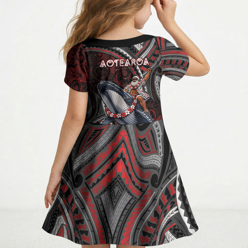 Aotearoa Christmas Kid Short Sleeve Dress Santa Riding Humpback Whale Maori Koru
